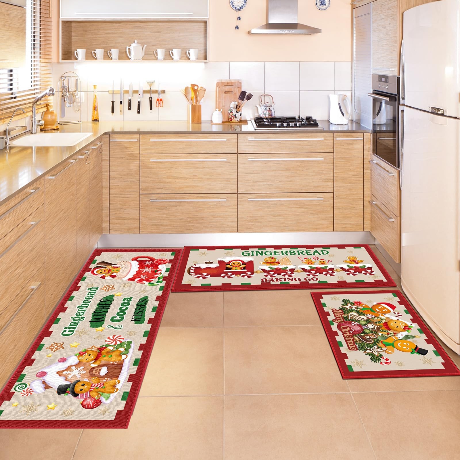 3 Pcs Christmas Kitchen Rug Christmas Absorbent Anti Fatigue Winter Mat Non S...