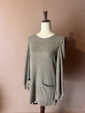 OFEEFAN Sweater Dress Womens S Beige Ribbed Knit Long Sleeve Pockets Buttons