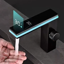 Black Bathroom Sink Faucet 1 Hole LED Temp Display Lavatory Vanity Mixer Taps