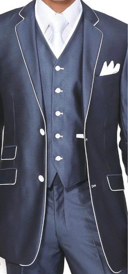 Men's Luxurious 3pc Slim Fit Wool Feel Suit Set Color Navy Size 38R~56L - Image 2 of 4