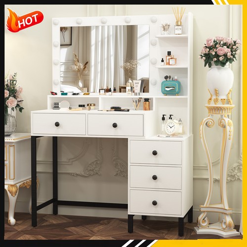 Modern Vanity Makeup Desk with 11 LED Lighted Mirror and 5 Drawers White Dresser - Picture 2 of 9