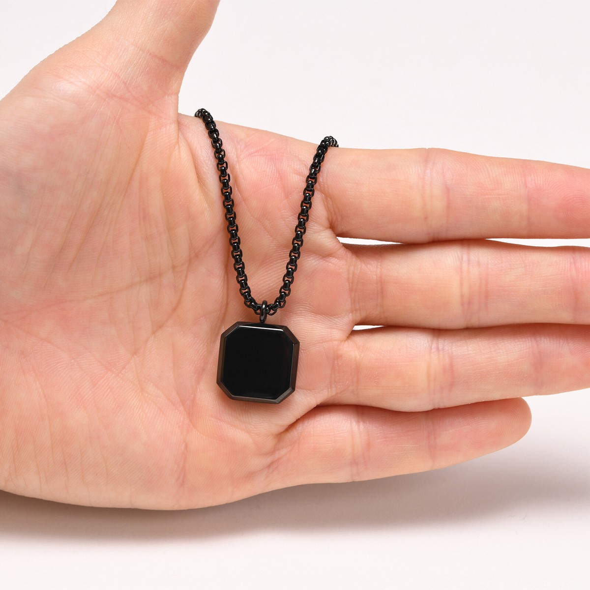 White Shell Black Enamel Square Pendant Necklace Stainless