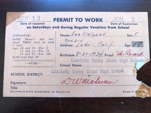 1951 Permit to Work Coachella Valley Union High School Student Minor Named CA
