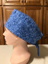Scrub or Chef Hat Medical Nursing Chemo Skull Cap Blue "Scrolls" Cotton Fabric