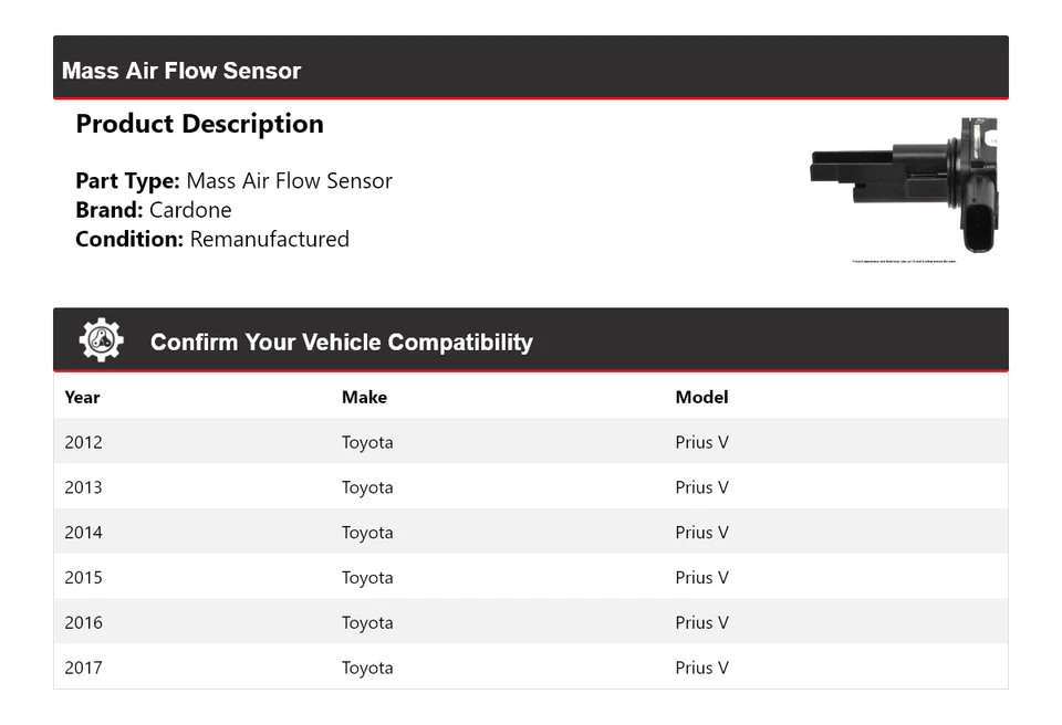 Датчик массового расхода воздуха Cardone для Toyota Prius V 2012-2017 годов выпуска 2013 2014 2015 2016 годов выпуска - Изображение 2 из 4