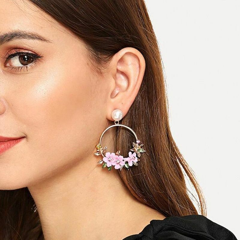Unique Purple Red CZ Big Flower Leaf Half Round Circle Hoop