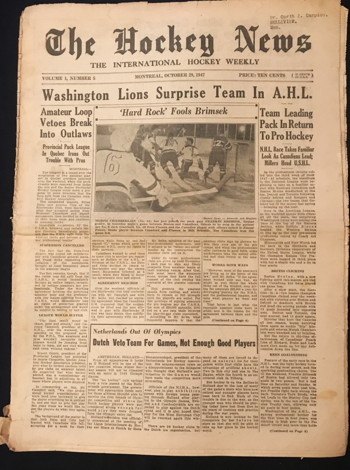 The Hockey News, Oct. 29 1947, Vol. 1 No. 5, Milt Schmidt, Roy Conacher