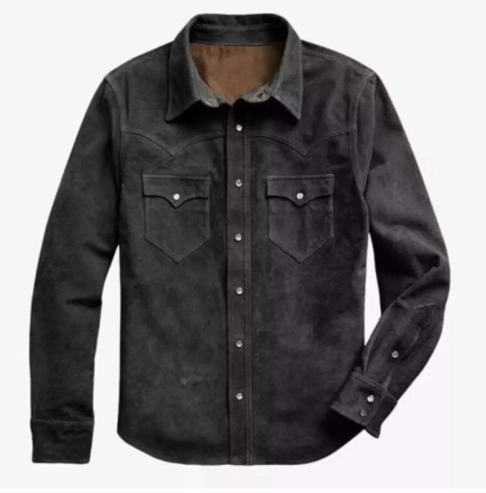 Men's Western Cowboy Style Suede Leather Shirt 100% Genuine Suede Leather Shirt