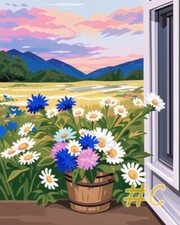 Flowers in the Window and Flower Meadow - Printed Needlepoint Canvas FA257