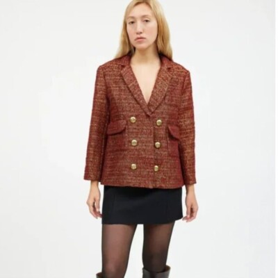 Smythe Metallic Orange Double-Breasted Tweed Magnetic Closure Blazer Size 