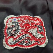 Western belt buckle 3.5x4 inches red and silver