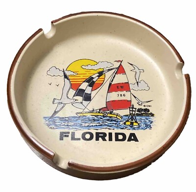 VINTAGE Ceramic Ashtray Tray FLORIDA FL Travel Souvenir CNI Sailboat Seagull 4 
