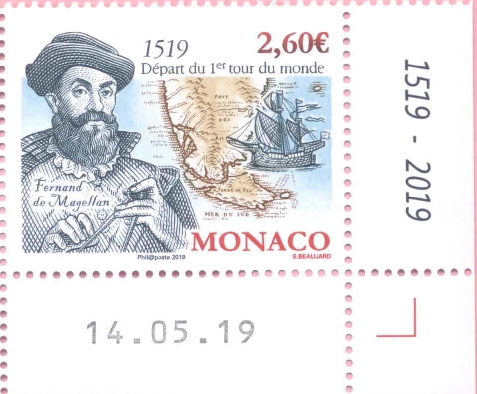 Selo Mônaco 2019 500º Aniversário da Circunavegação da Terra com canto - Imagem 2 de 2