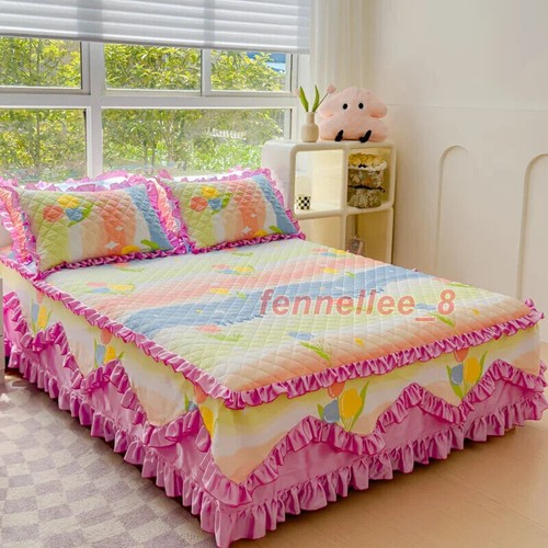 100% Cotton Quilted Bedspread Princess Lace Bed Skirt Not Including Pillowcase - Picture 9 of 31