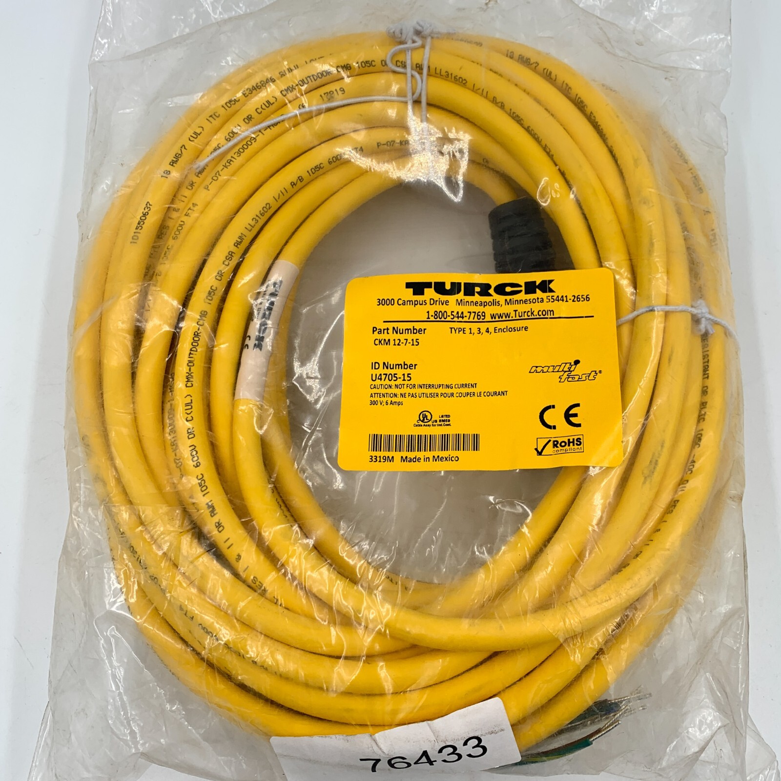 TURCK CKM 12-7-15 M23 Multifast Cordset 15m 18/7 Wire M23 Female Connector