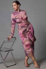 By Anthropologie Long-Sleeve Printed Mesh Midi Dress XXS new with tag pink nwt