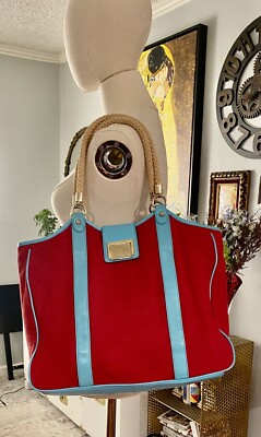 Retro Hip Talbots Summer Tote Bag Beach Pool Travel Red Canvas Turquoise Leather