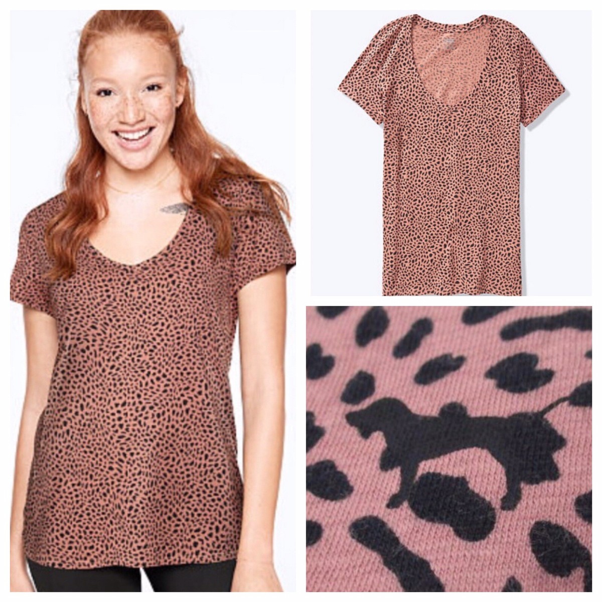 Tee-shirt Col V PINK Victoria's Secret - Imprimé Léopard Pêche - Taille S - Neuf Avec étiquettes