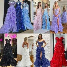 Sparkling Tulle Prom Dress Ruffle High Slit Skirt Pageant Evening Event Party
