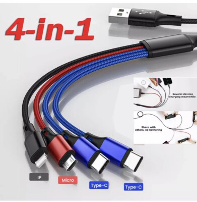 4 in1 Multi USB Charging Cable Fast Charger Cord For iPhone/Samsung/Type C/Micro