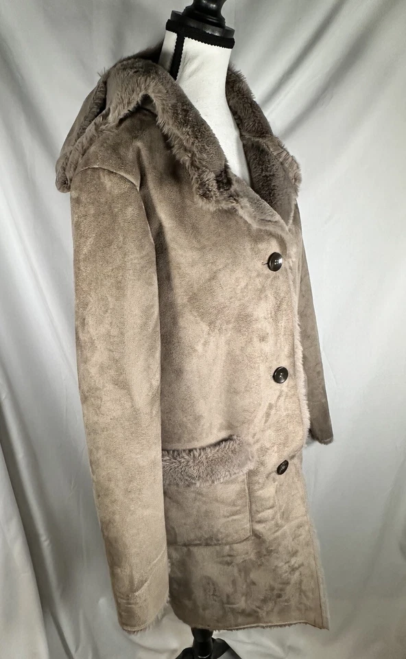 Laura Scott Jacket Suede Faux Fur Lining Button Up Hooded Tan Women’s Size Med - Image 2 of 4