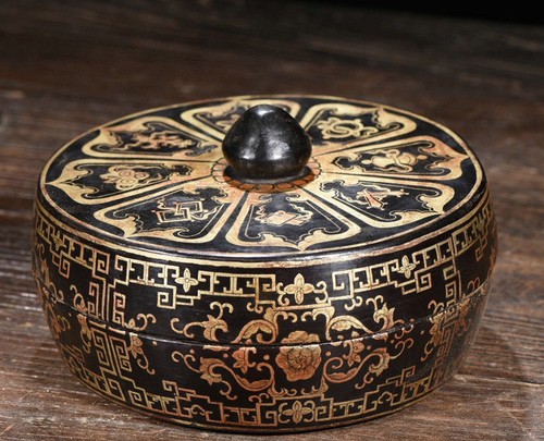 7.4'' Old Chinese Wood lacquerware Gold 8 Auspicious Symbol Food Container Box - Picture 4 of 9