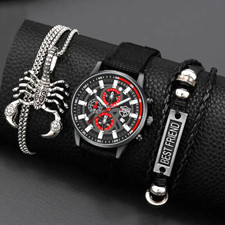 SET OROLOGIO ACCIAIO NYLON + BRACCIALE CUOIO + COLLANA SCORPIONE IDEA REGALO