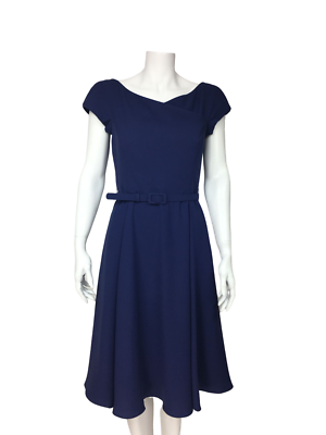 Gal Meets Glam Collection Sz 6 Navy Belted Short Sleeve Fit & Flare Midi  Dress | eBay