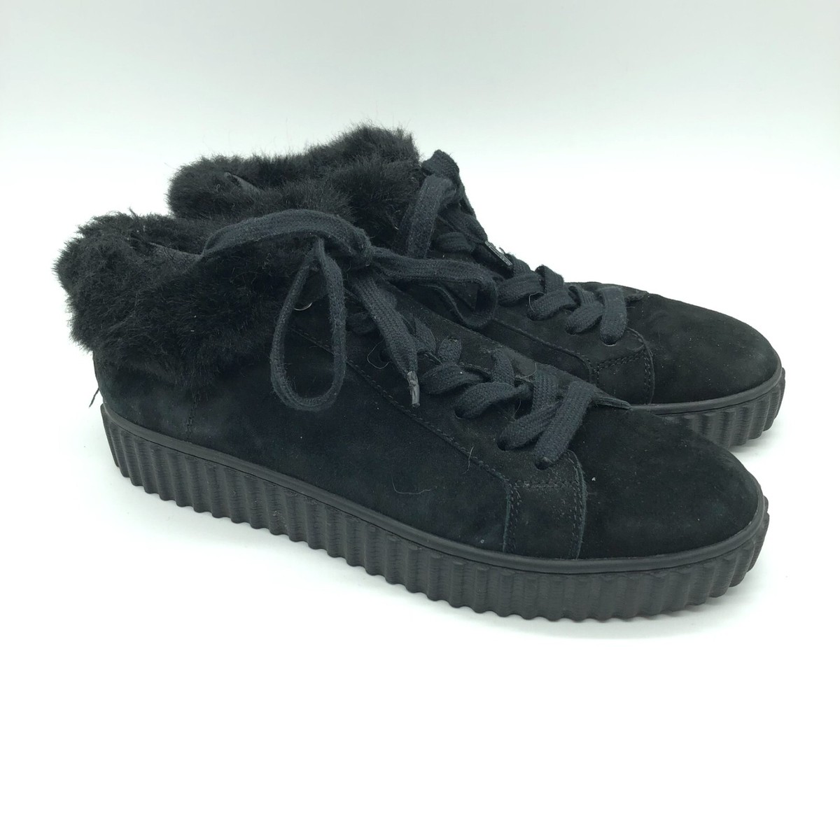 Womens Faux Fur Lined Sneakers Faux Suede Lace Up Black Size 39 US