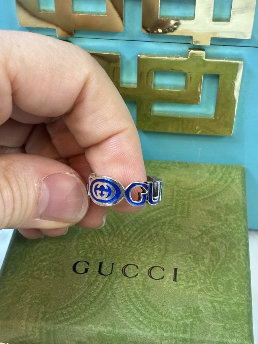 NWT Authentic Gucci Silver 925 Blue Interlocking GG Ring - IT Size