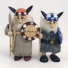 2 Estonia Bearded Viking Folk Art Handmade Wooden Spear Shield Helmet Horns 