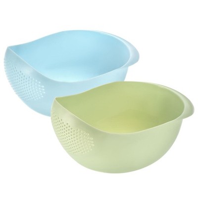 Kitchen Rice Washing Strainer Fruit Vegetable Container Drain Basket-Blue+Green