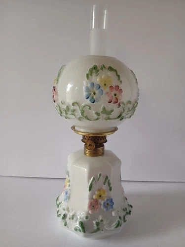 Antique Milk Glass Cosmopolitan Oil Lamp With Flowers