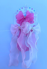 3Pc Pink/white Sheer Hair Bow Set Rhinestone Long Tail Ribbon Clip Girls