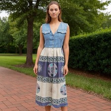 Vintage 90s Rare Womens Medium Boho Sleeveless Denim Aztec Blue Gray Maxi Dress