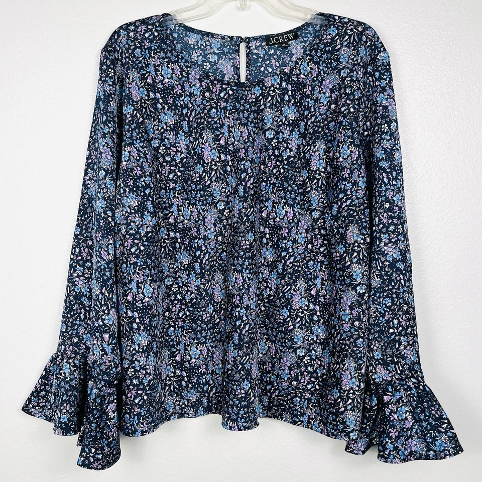 Blusa Top J.Crew 3X Manga Campana Azul y Púrpura Estampado Floral Nueva Sin Etiquetas Foto 2 de 4
