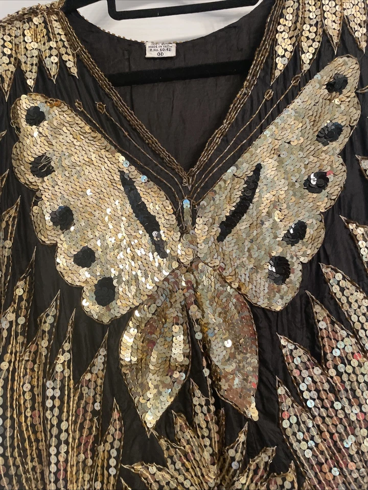 Vintage Sequin Butterfly Blouse Silk Rayon Top Black Gold Size: M Boho 70s - Image 3 of 4