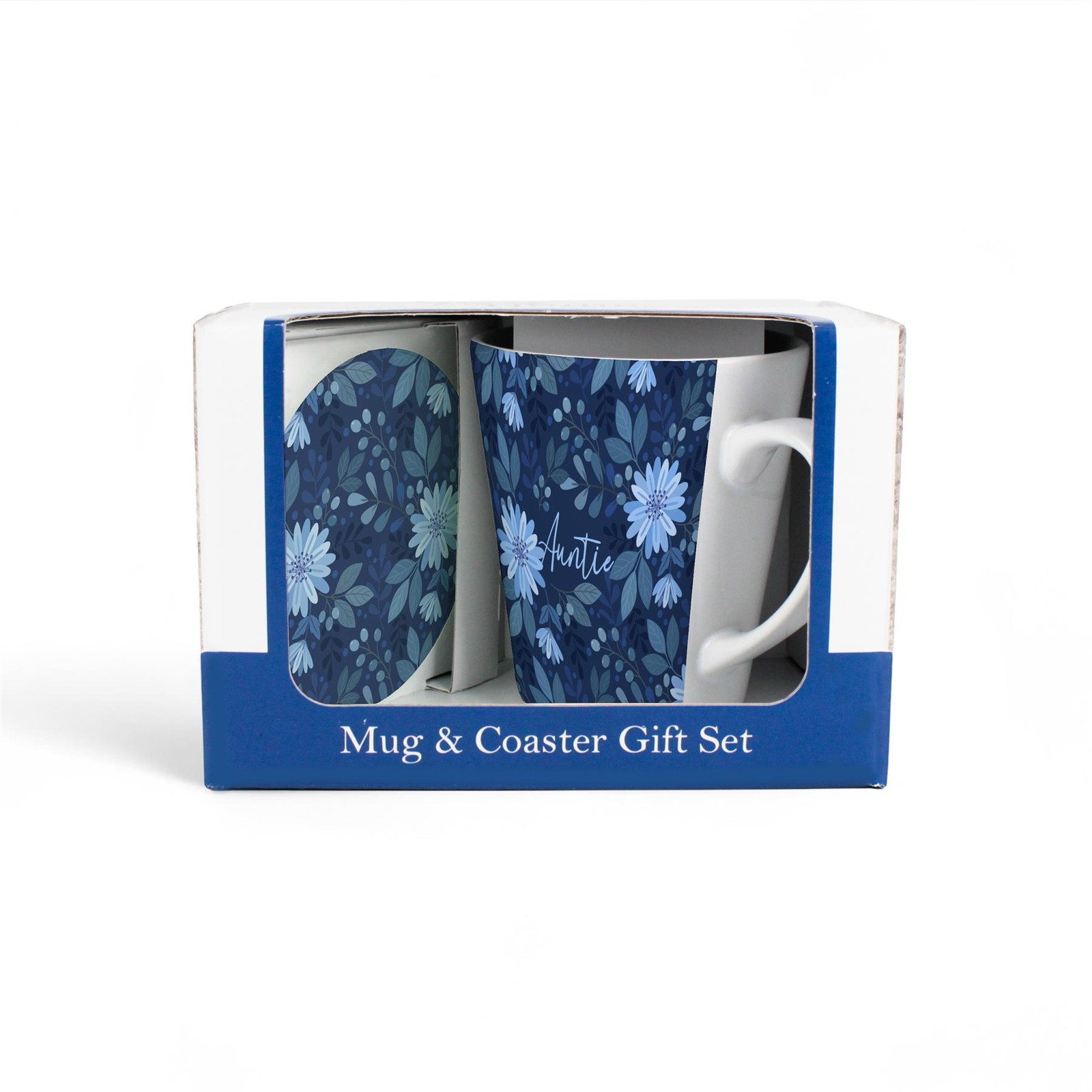 Dark Blue Flowers Auntie Mug & Coaster Set - Floral Drinkware Gifts