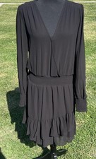 Michael Michael Kors Dress Womens Medium Black Surplice Long Sleeve Ruffle Hem