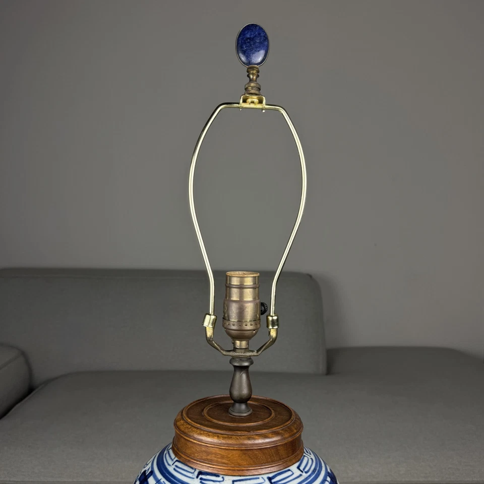 Antique Chinese Blue and White "Double Happiness" Ginger Oriental Jar Lamp24"  - Image 4 of 4