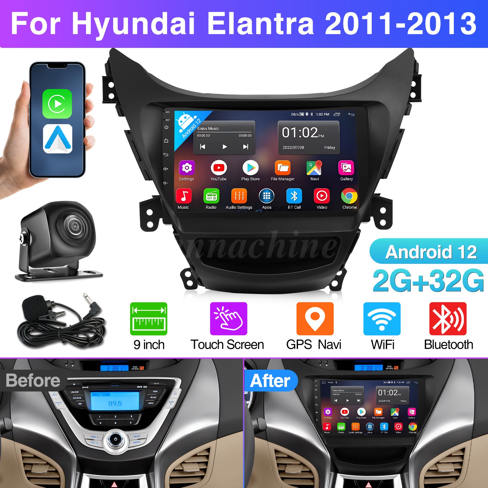 For Hyundai Elantra 2011-2013 Carplay Car Stereo Radio Android 13 GPS Navi WIFI