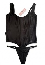 Victoria  s Secret VS Classic Corset Top  Panty Set Black 100 Silk S-DD NWT