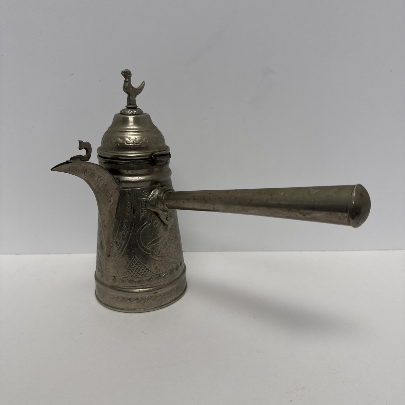 Vintage Dallah Coffee Pot Engraved Metal Bird Finial 8.5” Tall