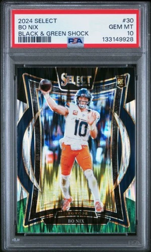 Graded 2024 Panini Select Bo Nix #30 Black & Green Shock Rookie RC Card PSA 10