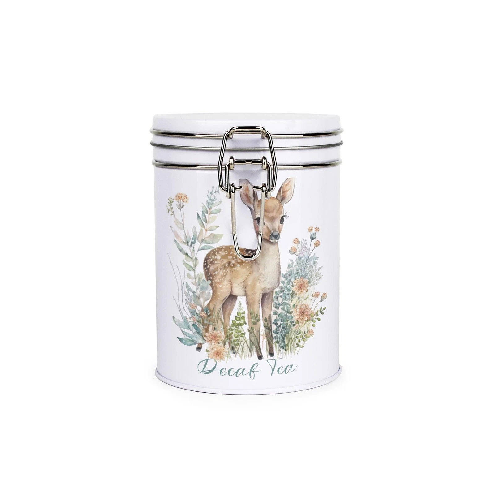 Floral Baby Deer Decaf Tea Canister - White Metal Clip-Lid Storage Gift