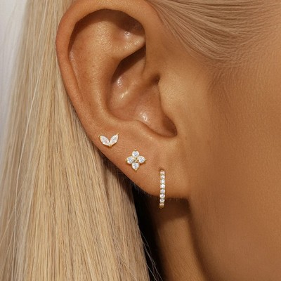 Silver Earrings Three-Piece Set for Her Earring Stack Clover Marquise