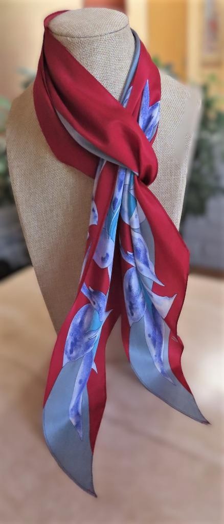 Vera Neumann obong scarf; floral; blue, raspberry, aqua, white; 72 x10; silk?