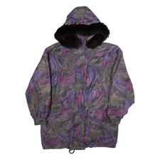 SIXTH SENSE Womens Parka Coat Purple Hooded Crazy Pattern UK 10