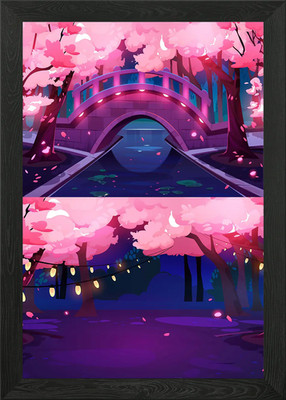Sakura Bäume und Wasserfall Gerahmtes Wandbild Poster Leinwanddruck Bild