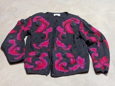 Vintage 90s Hand Knit Cross Stitch Crochet Oversized Grandma Cardigan Sweater